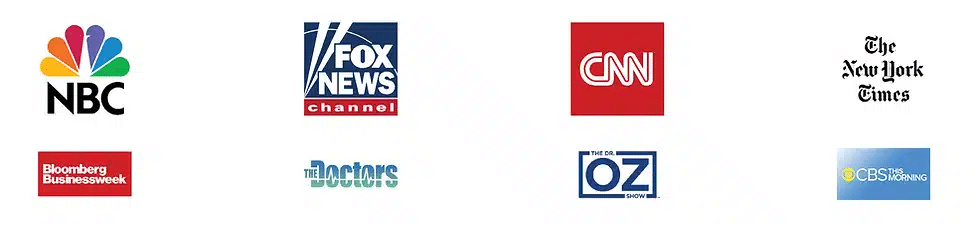 Logos of major media outlets including NBC, Fox News, CNN, The New York Times, Bloomberg Businessweek, The Doctors, The Dr. Oz Show, and CBS This Morning
